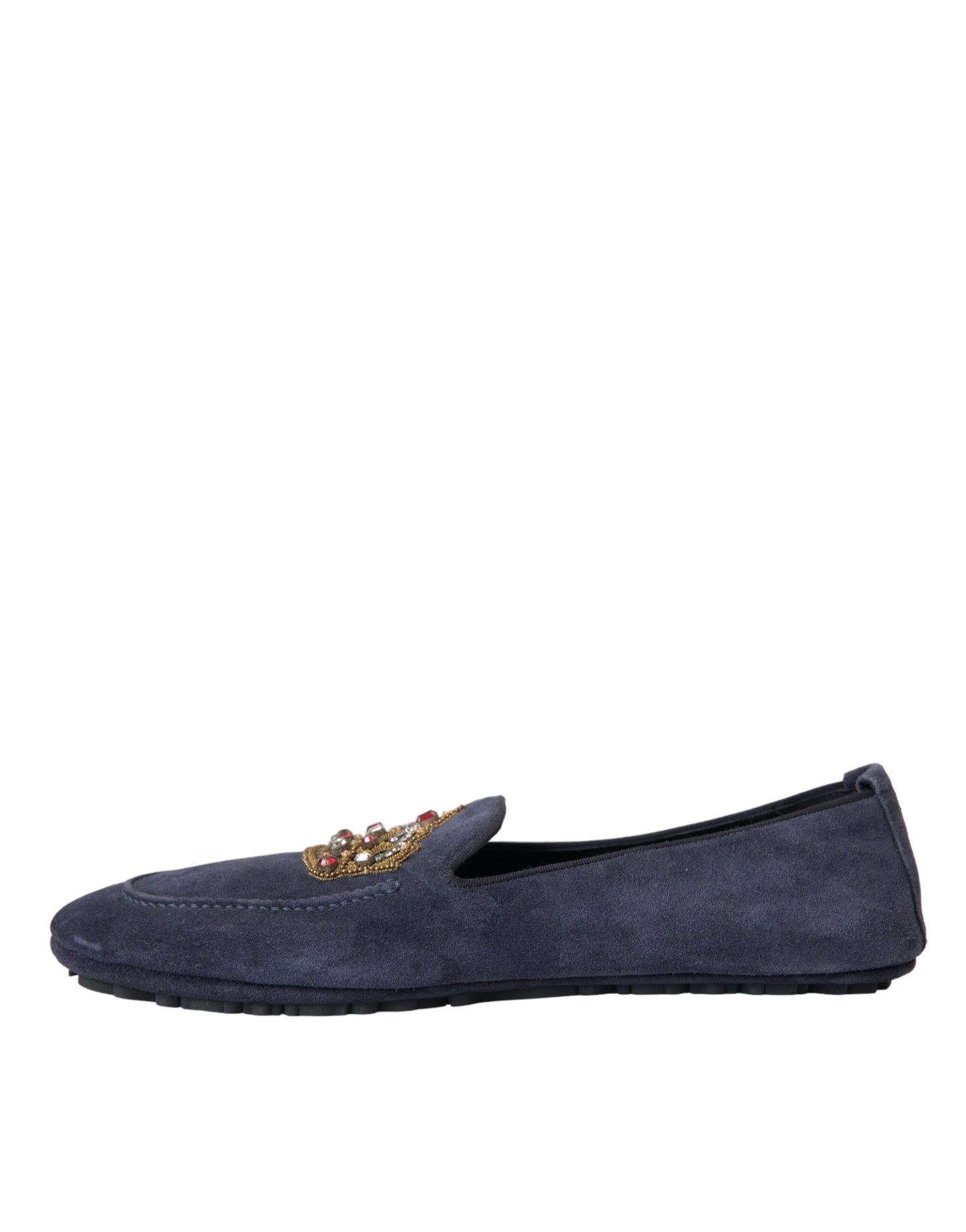 Dolce &amp; Gabbana Blue Leather Suede Crystal Crown Loafers Shoes