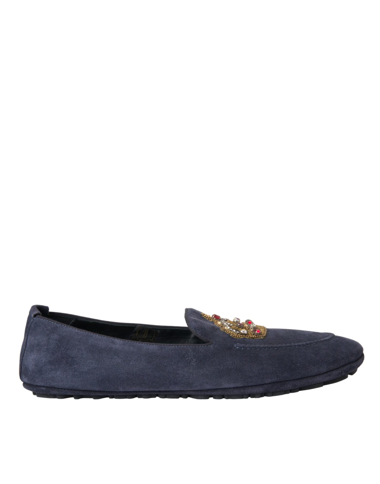 Dolce &amp; Gabbana Blue Leather Suede Crystal Crown Loafers Shoes