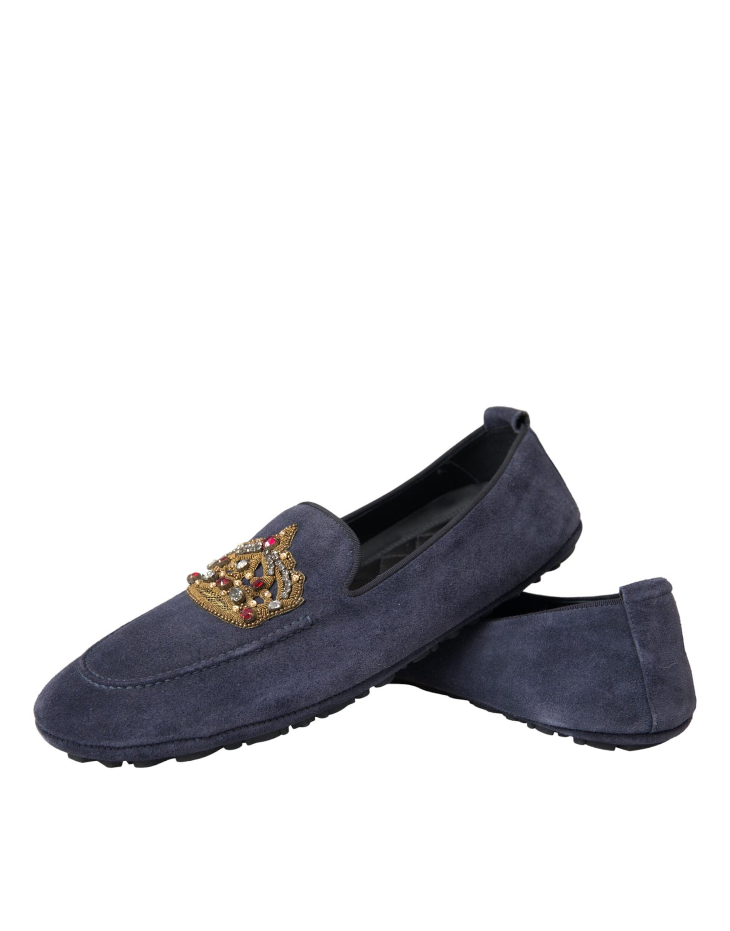 Dolce &amp; Gabbana Blue Leather Suede Crystal Crown Loafers Shoes