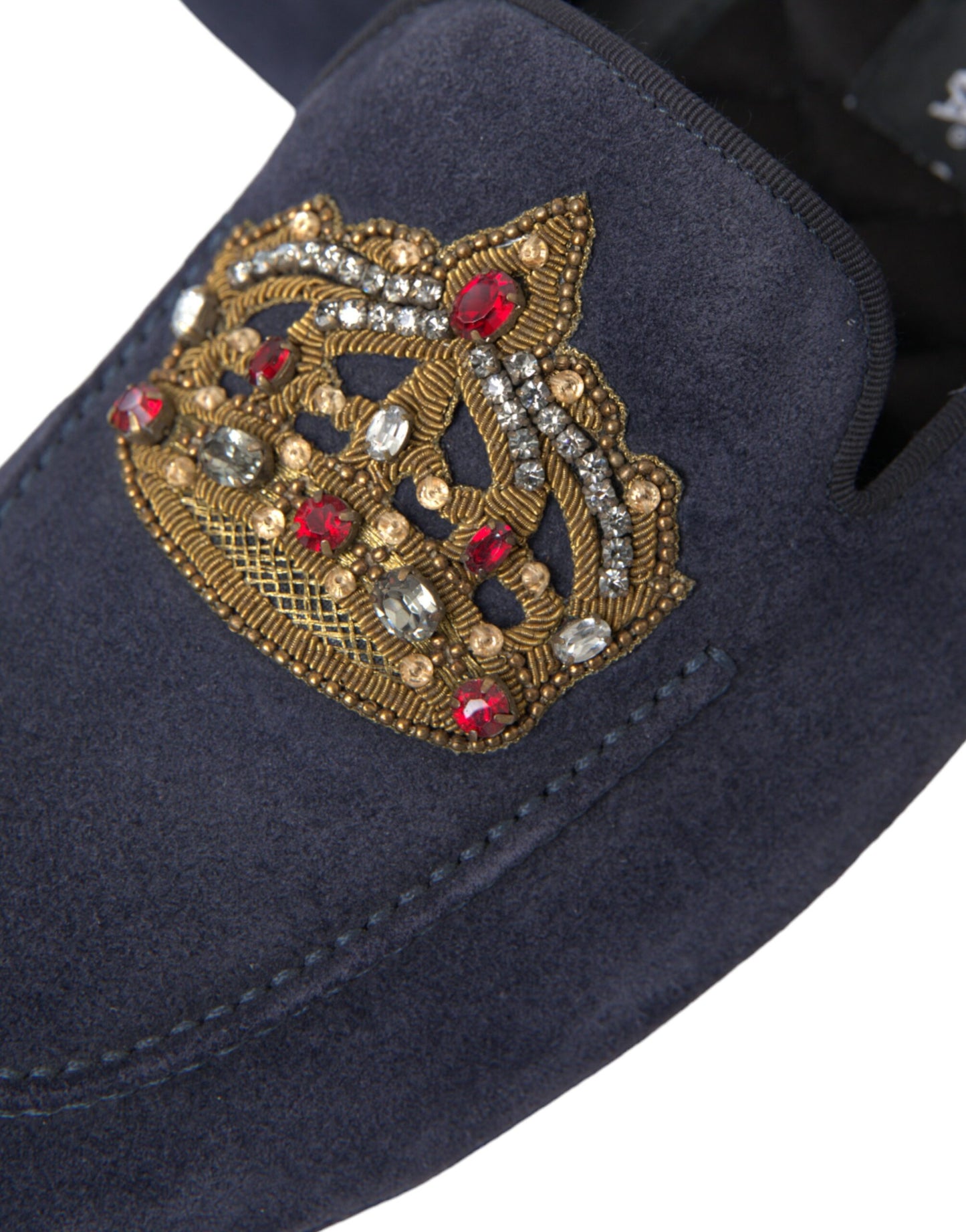 Dolce &amp; Gabbana Blue Leather Suede Crystal Crown Loafers Shoes