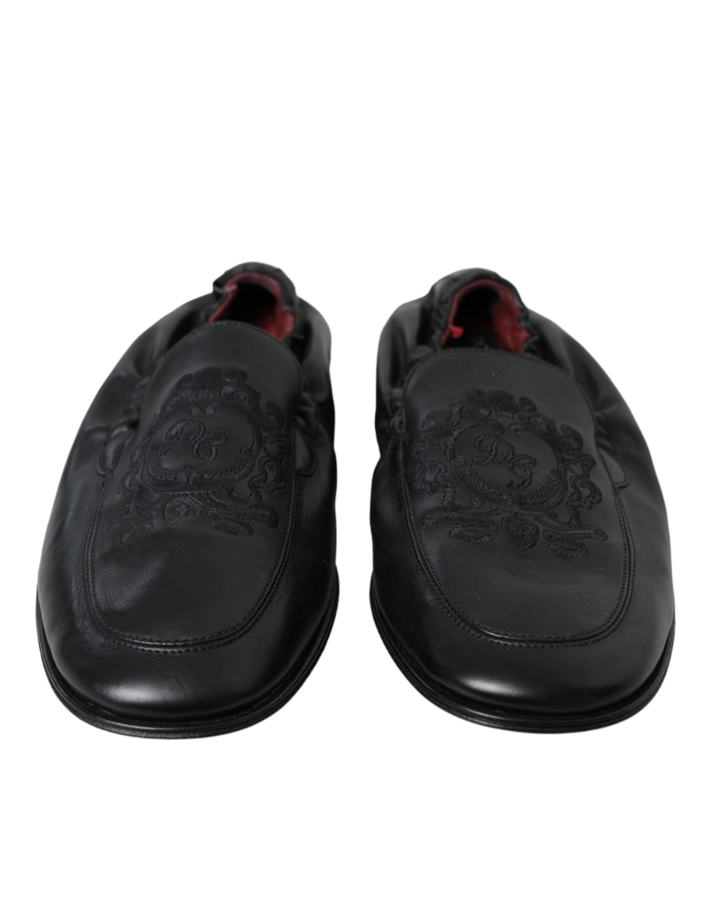 Dolce &amp; Gabbana Black Logo Embroidered Leather Loafers Men Dress Shoes