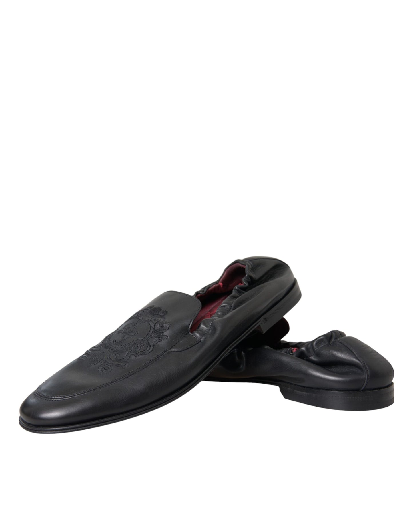 Dolce &amp; Gabbana Black Logo Embroidered Leather Loafers Men Dress Shoes