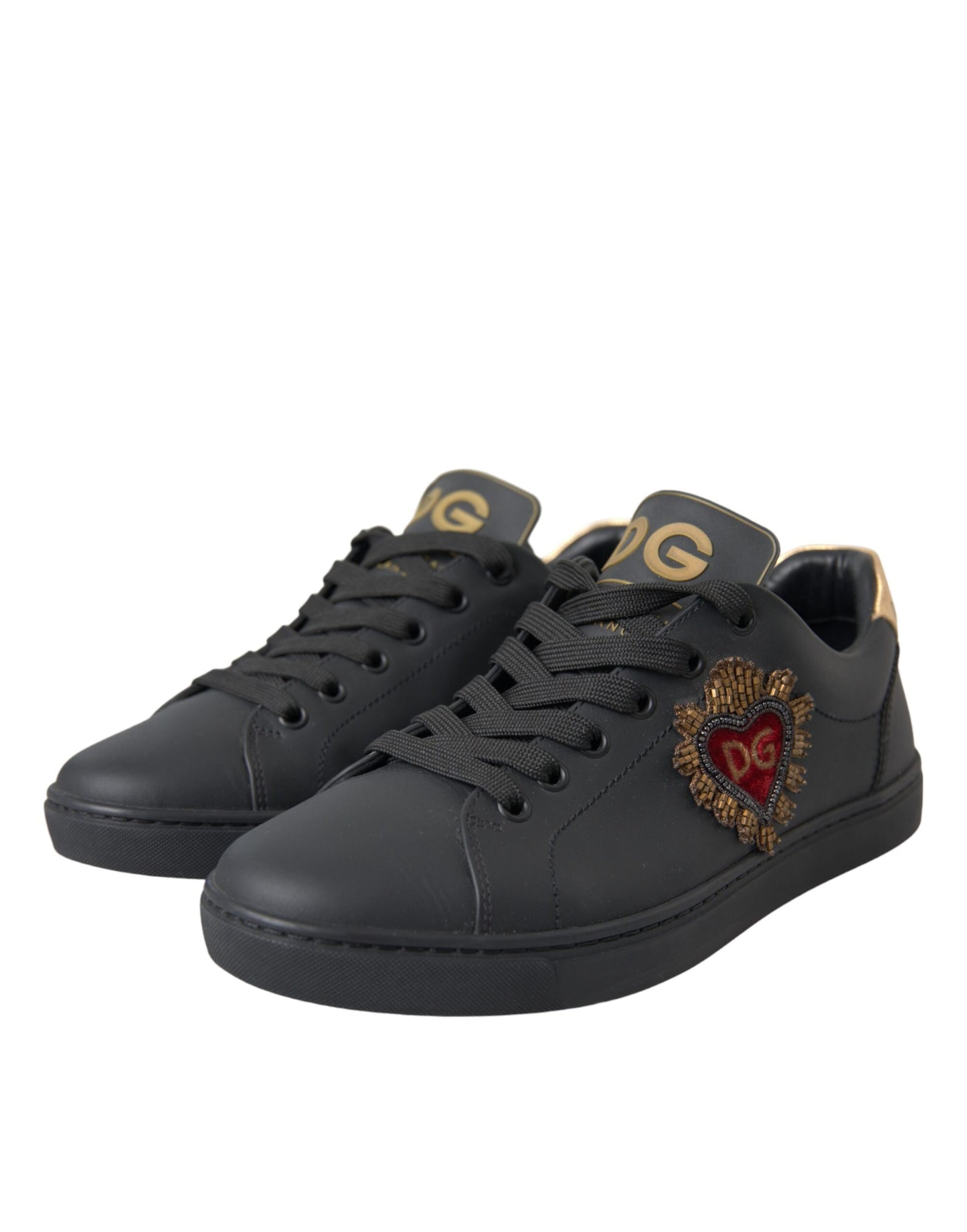 Dolce &amp; Gabbana Black Leather Heart Embellished Sneakers Shoes