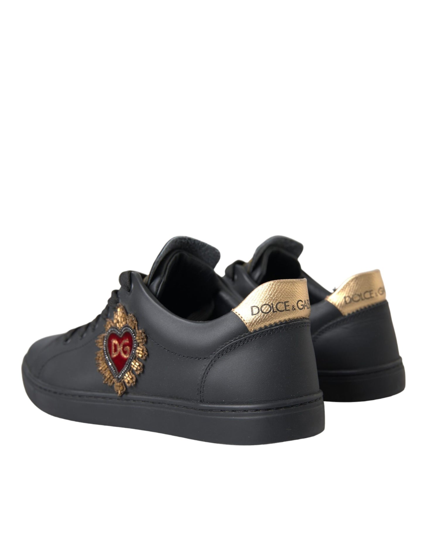 Dolce &amp; Gabbana Black Leather Heart Embellished Sneakers Shoes