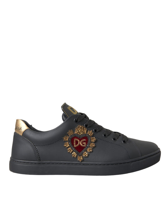 Dolce &amp; Gabbana Black Leather Heart Embellished Sneakers Shoes