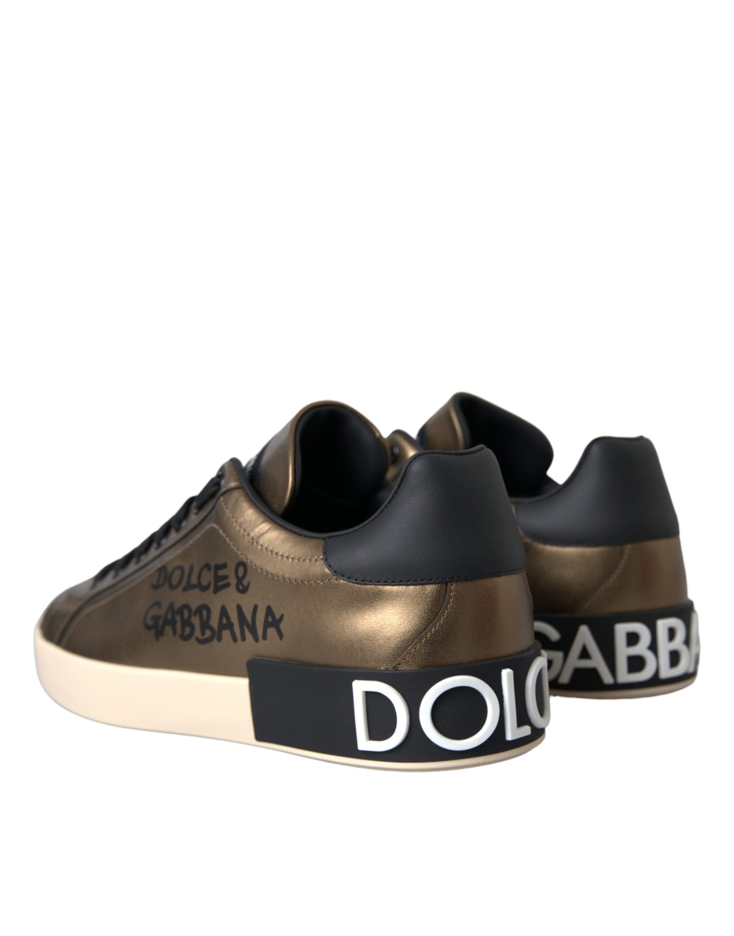 Dolce & Gabbana Gold Schwarz Portofino Kalbsleder Sneakers Schuhe