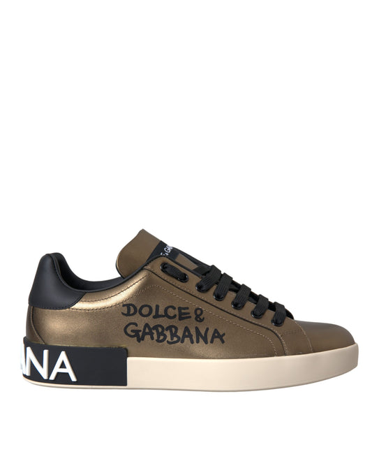 Dolce &amp; Gabbana Gold Black Portofino Calfskin Sneakers Shoes