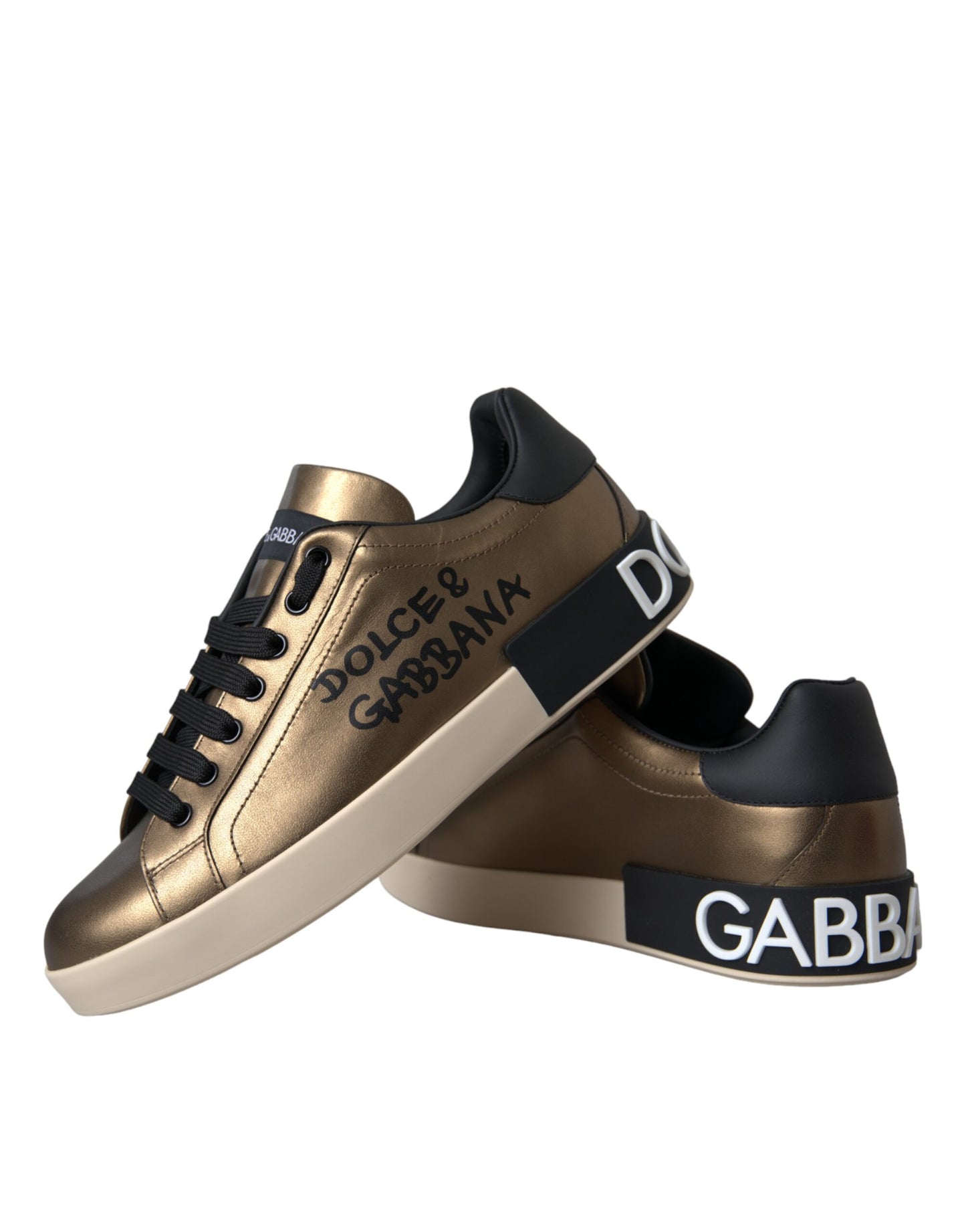 Dolce & Gabbana Gold Schwarz Portofino Kalbsleder Sneakers Schuhe