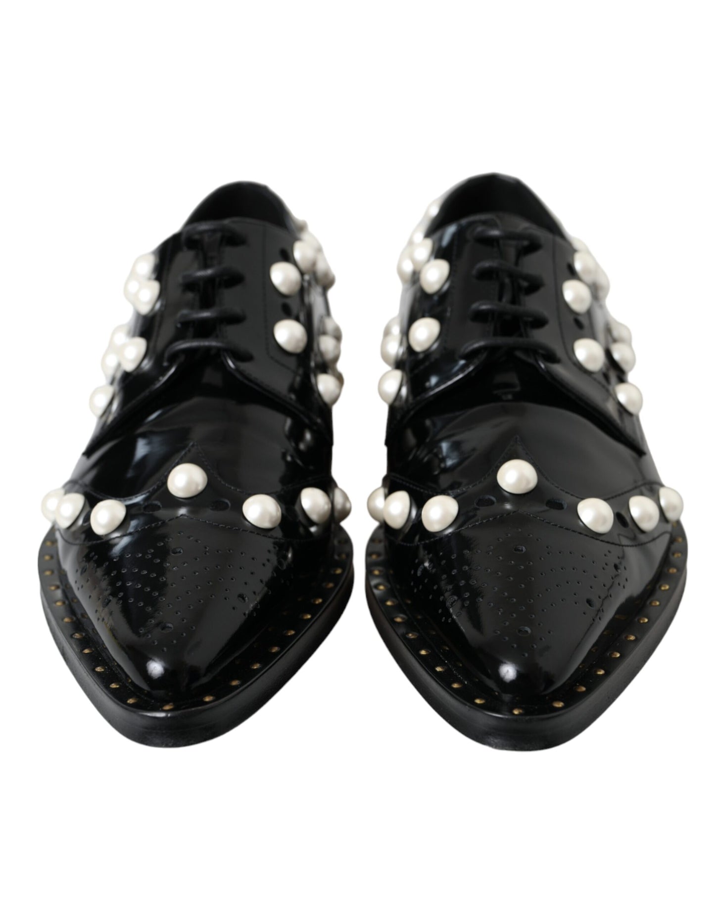 Dolce &amp; Gabbana Black Leather Faux Pearl Dress Broque Shoes