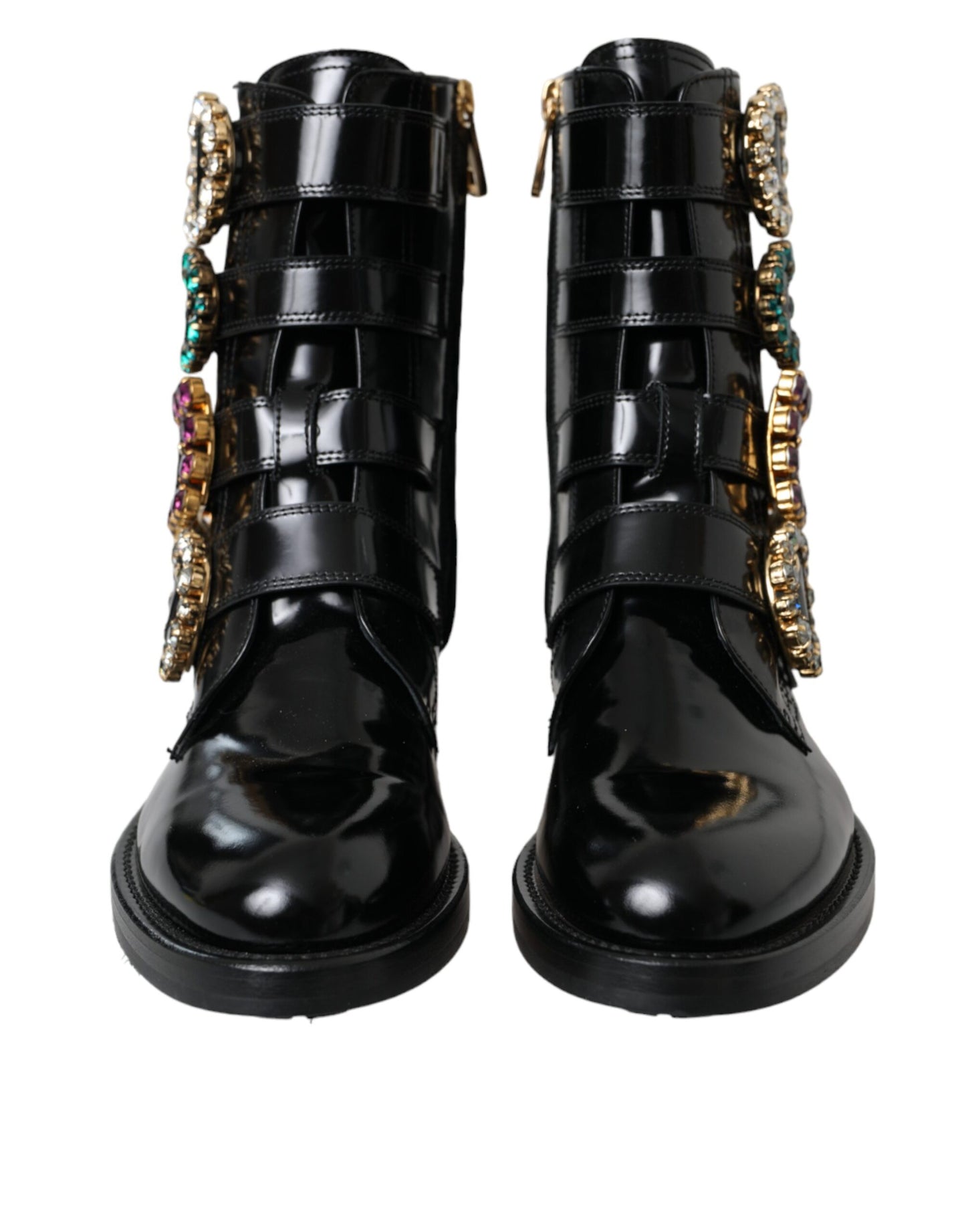 Dolce &amp; Gabbana Black Leather Crystal Buckles Boots Shoes