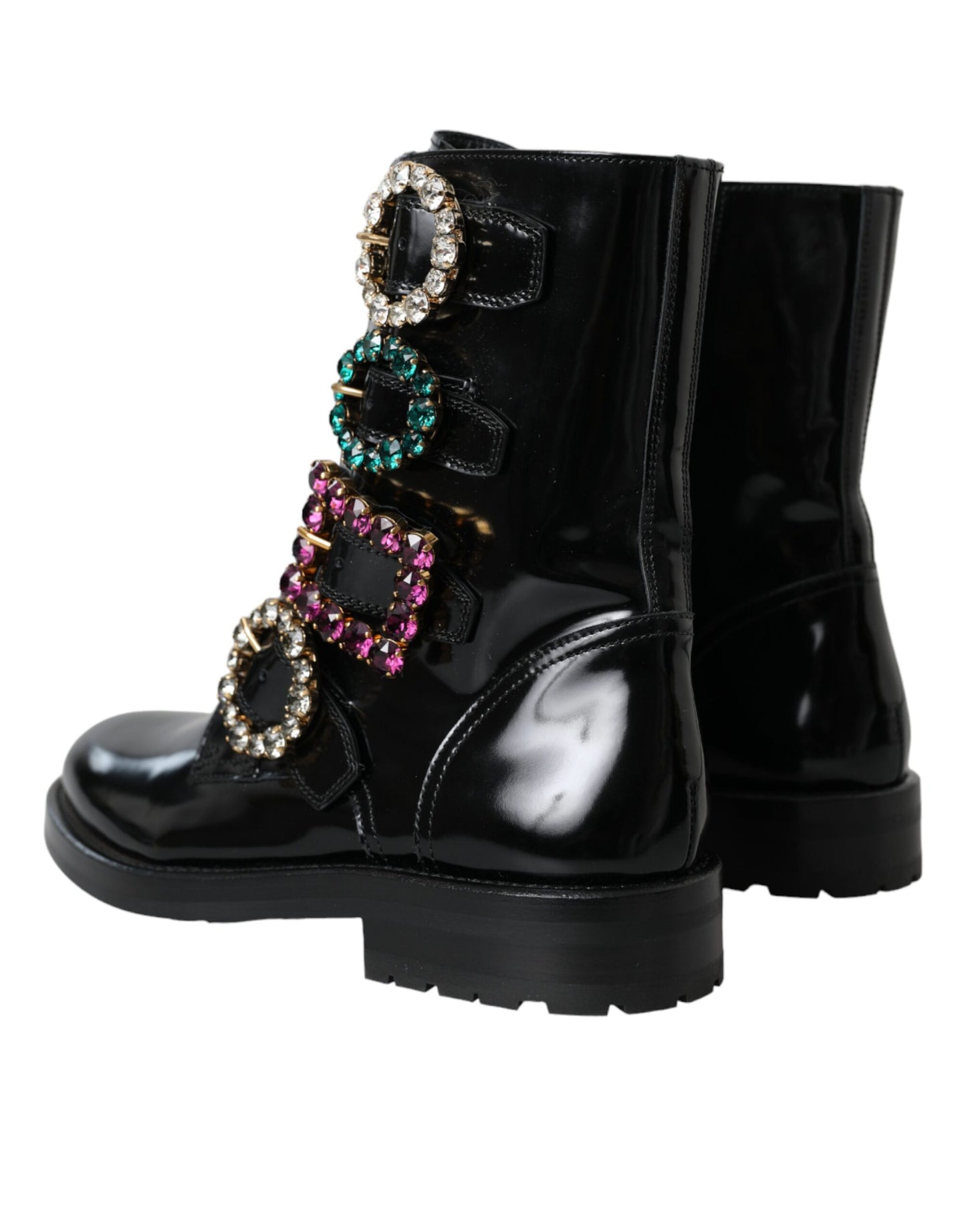 Dolce &amp; Gabbana Black Leather Crystal Buckles Boots Shoes