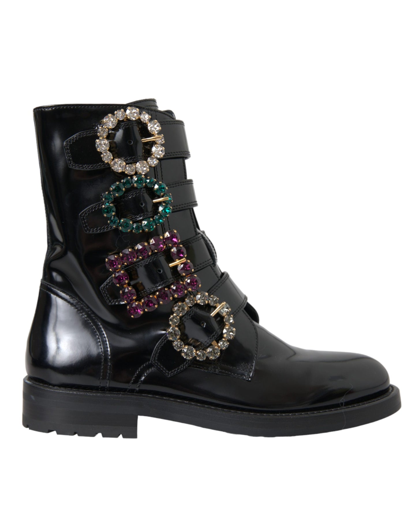 Dolce &amp; Gabbana Black Leather Crystal Buckles Boots Shoes