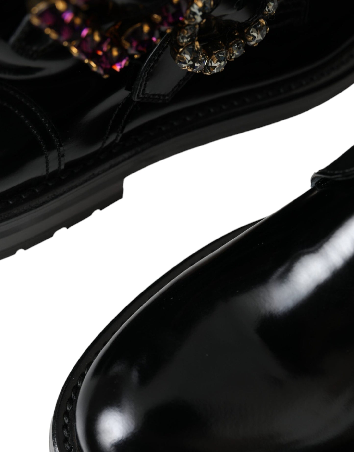 Dolce &amp; Gabbana Black Leather Crystal Buckles Boots Shoes