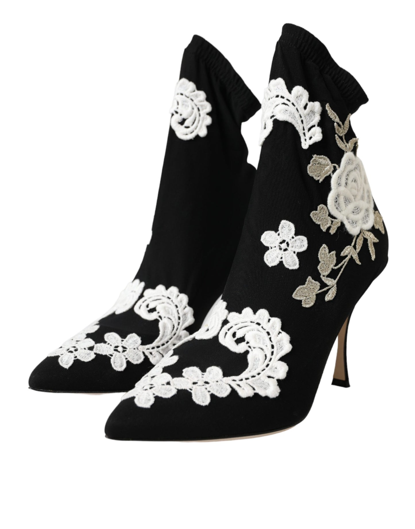 Dolce &amp; Gabbana Black White Embroidery Slip On Boots Shoes