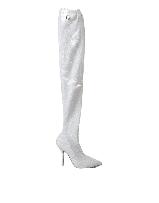 Dolce &amp; Gabbana White Heels Stiletto Knee High Boots Shoes