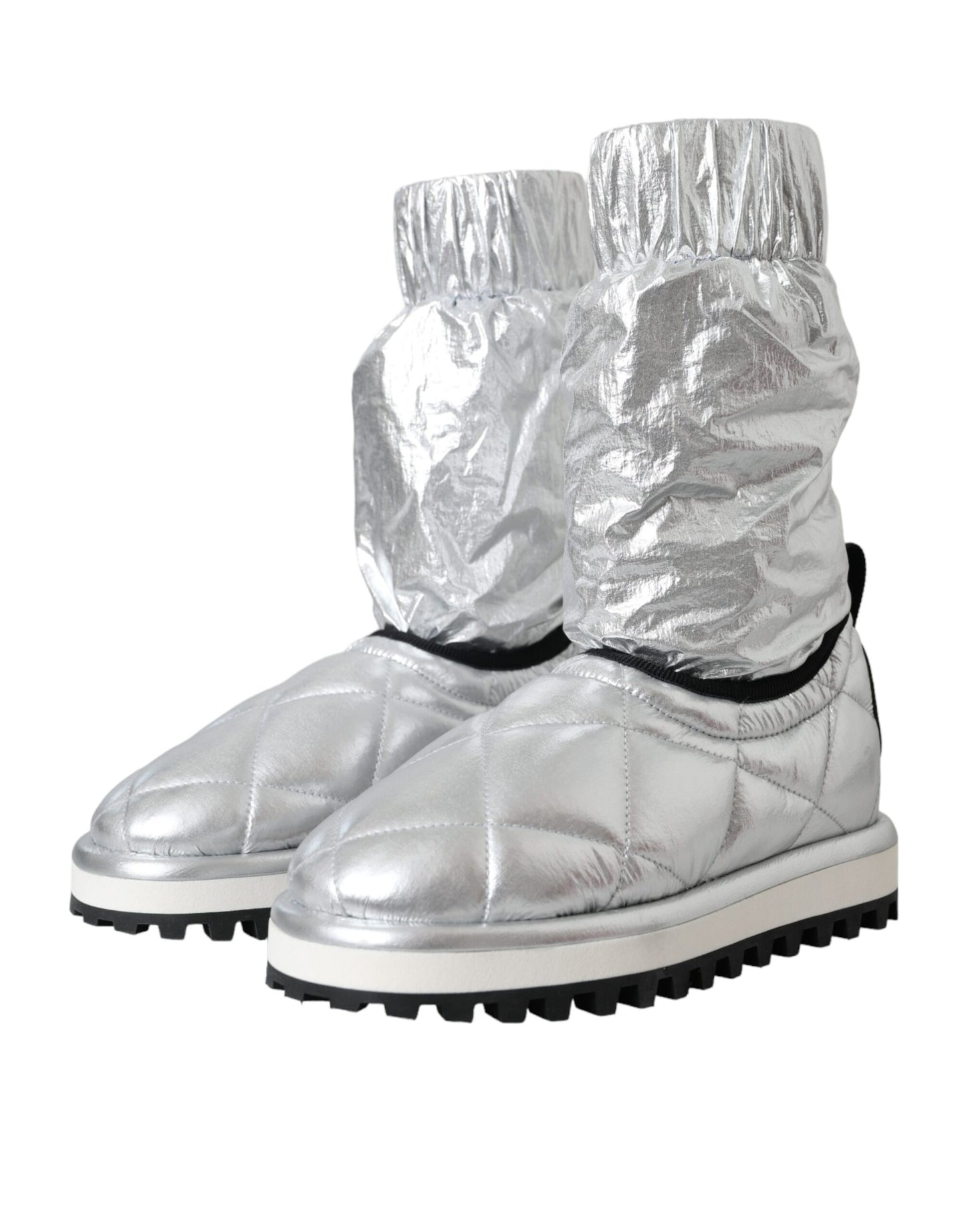 Dolce &amp; Gabbana Metallic Silver Quilted Logo Patch Boots Shoes