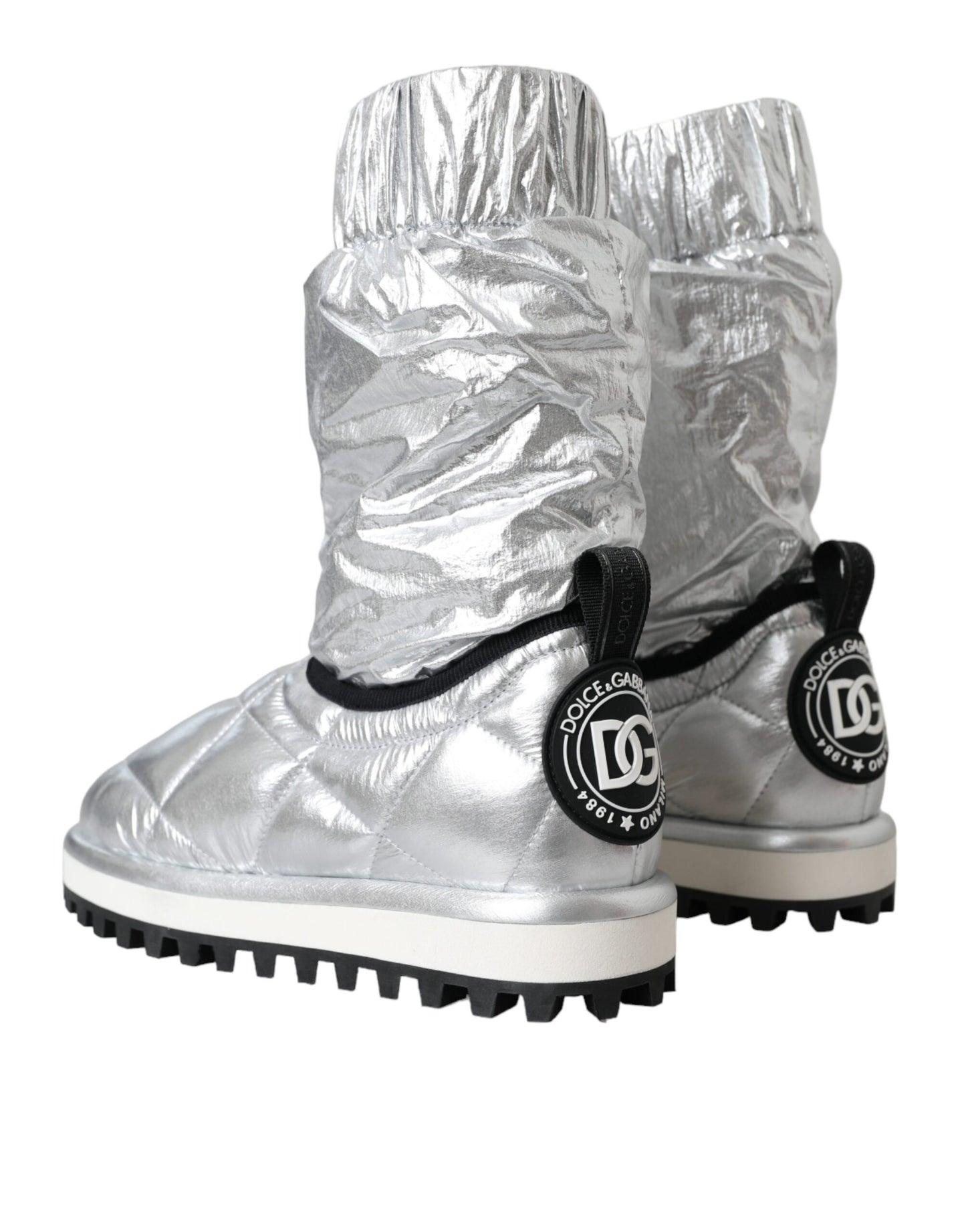 Dolce &amp; Gabbana Metallic Silver Quilted Logo Patch Boots Shoes