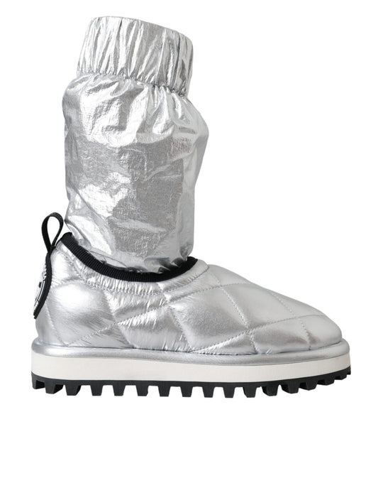 Dolce &amp; Gabbana Metallic Silver Quilted Logo Patch Boots Shoes