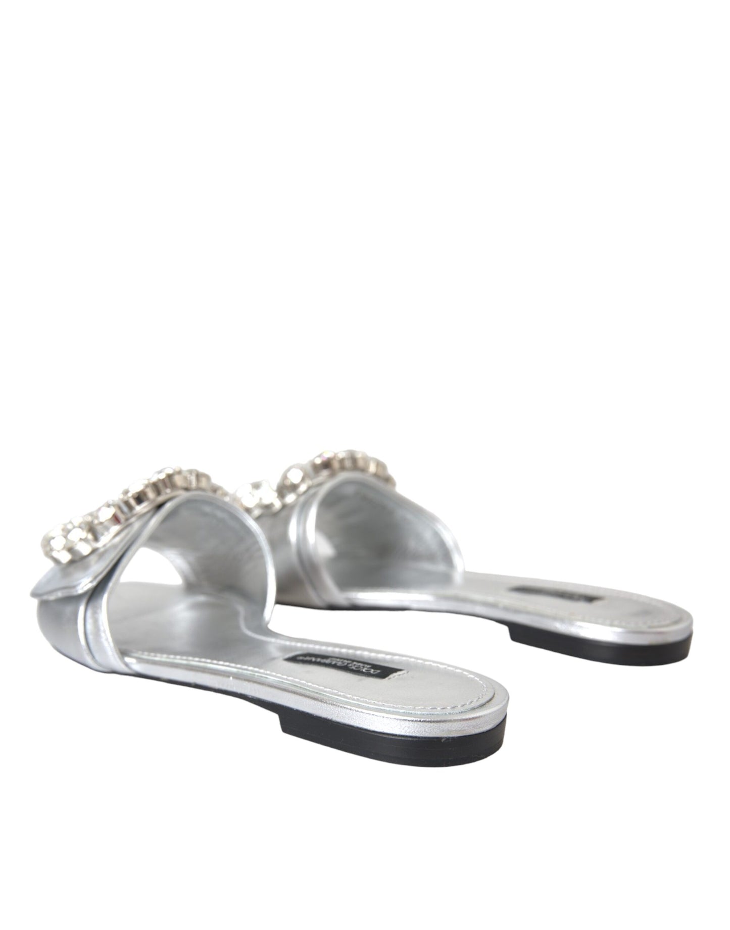 Dolce &amp; Gabbana Silver Crystal Leather Flats Sandals Shoes