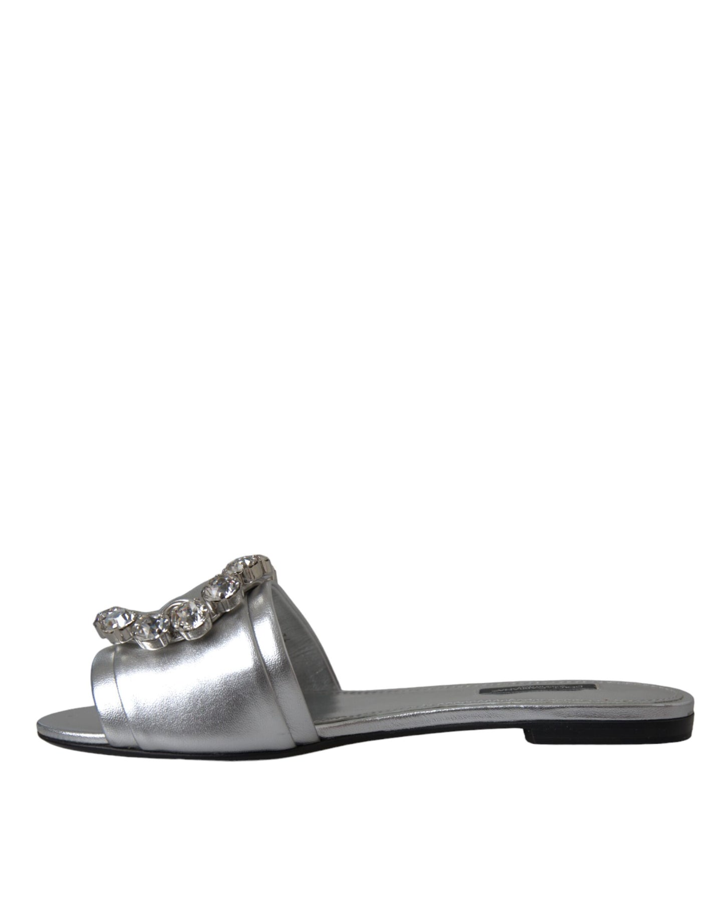 Dolce &amp; Gabbana Silver Crystal Leather Flats Sandals Shoes