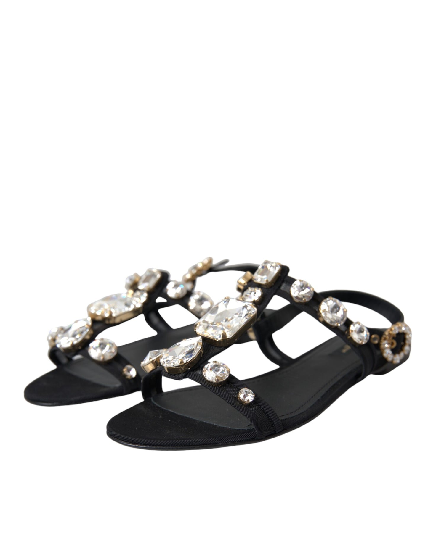 Dolce &amp; Gabbana Black Leather Crystal Flats Sandals Shoes