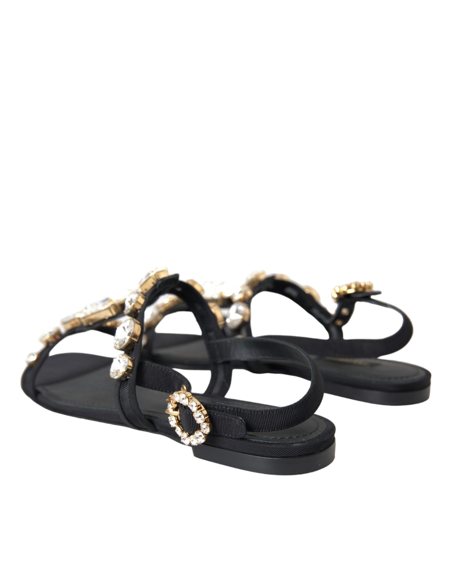 Dolce &amp; Gabbana Black Leather Crystal Flats Sandals Shoes