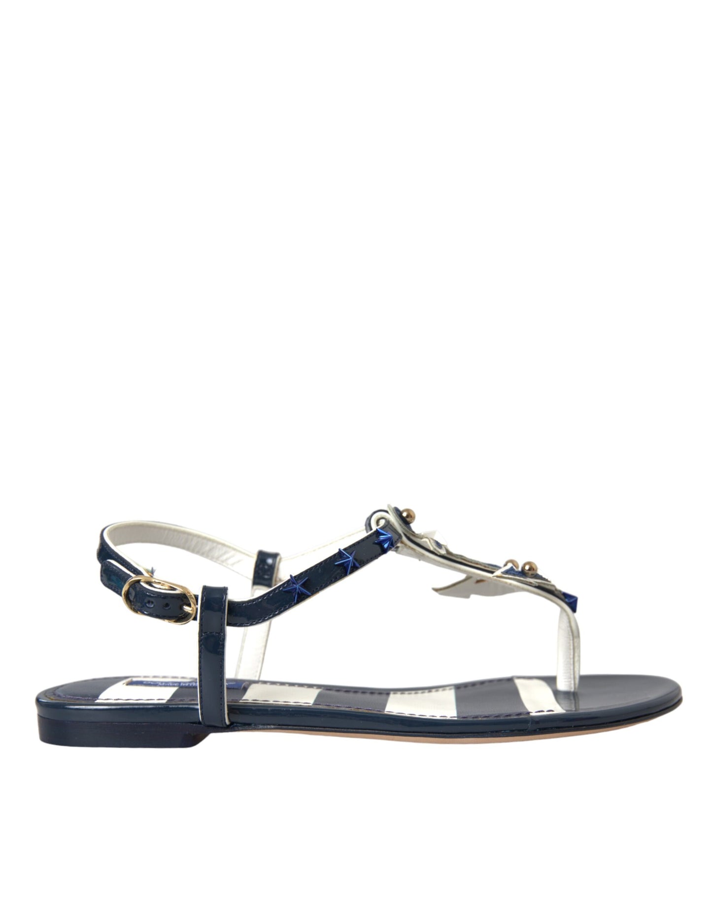 Dolce & Gabbana Blaue Streifen Leder Nieten Flats Sandalen Schuhe