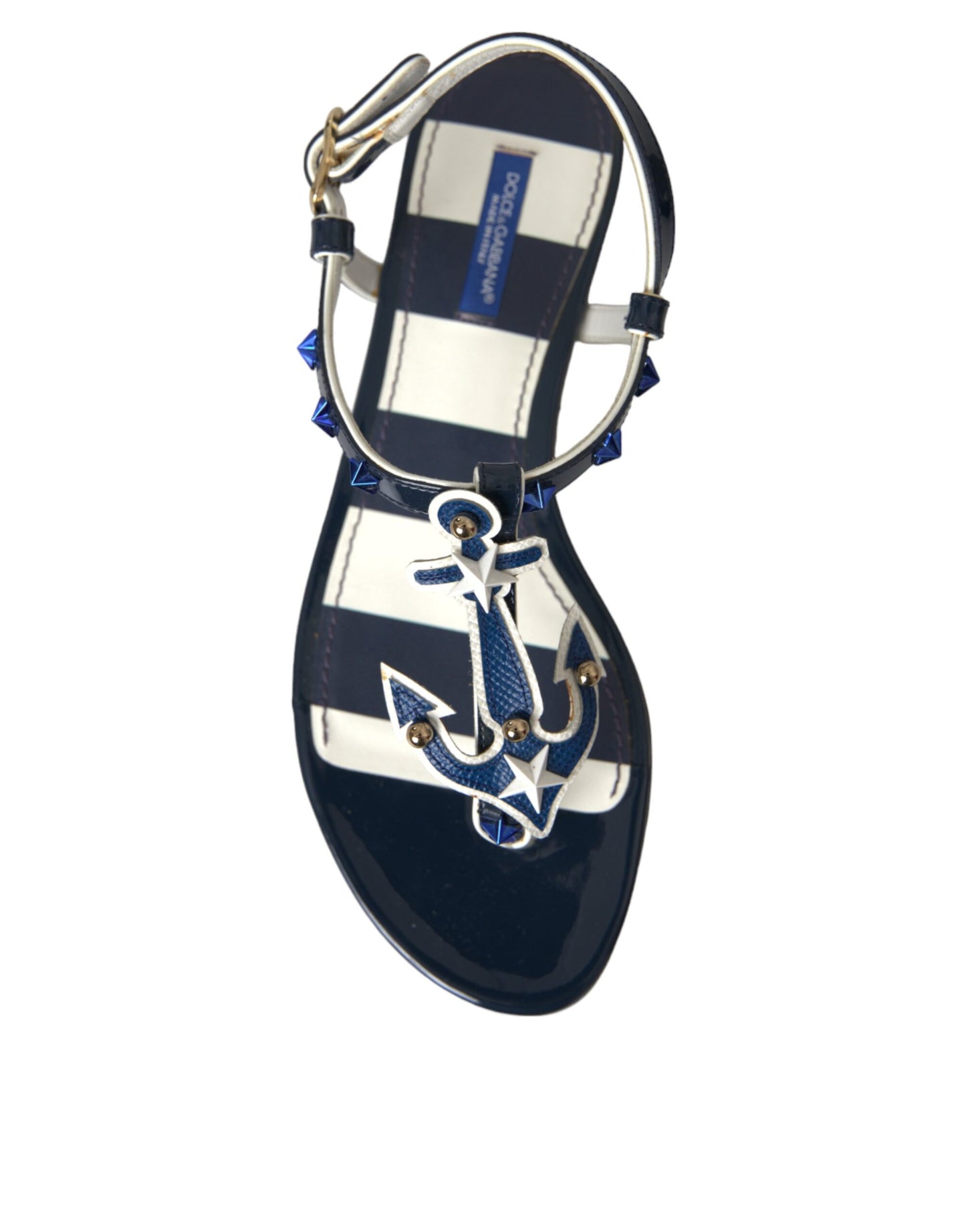 Dolce & Gabbana Blaue Streifen Leder Nieten Flats Sandalen Schuhe