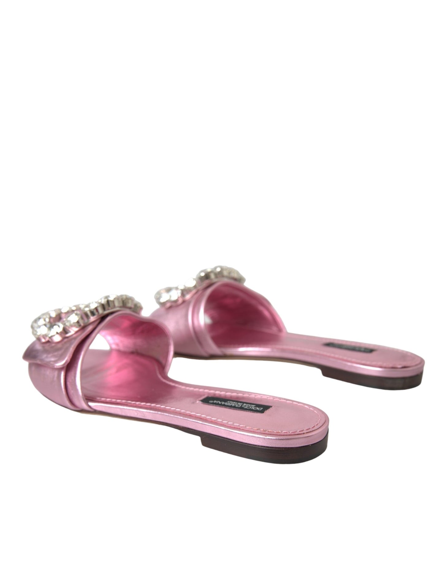 Dolce &amp; Gabbana Pink Crystal Leather Flats Sandals Shoes