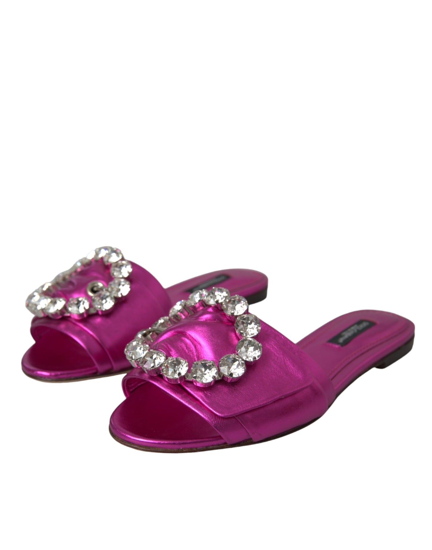 Dolce &amp; Gabbana Fuchsia Crystal Leather Flats Sandals Shoes