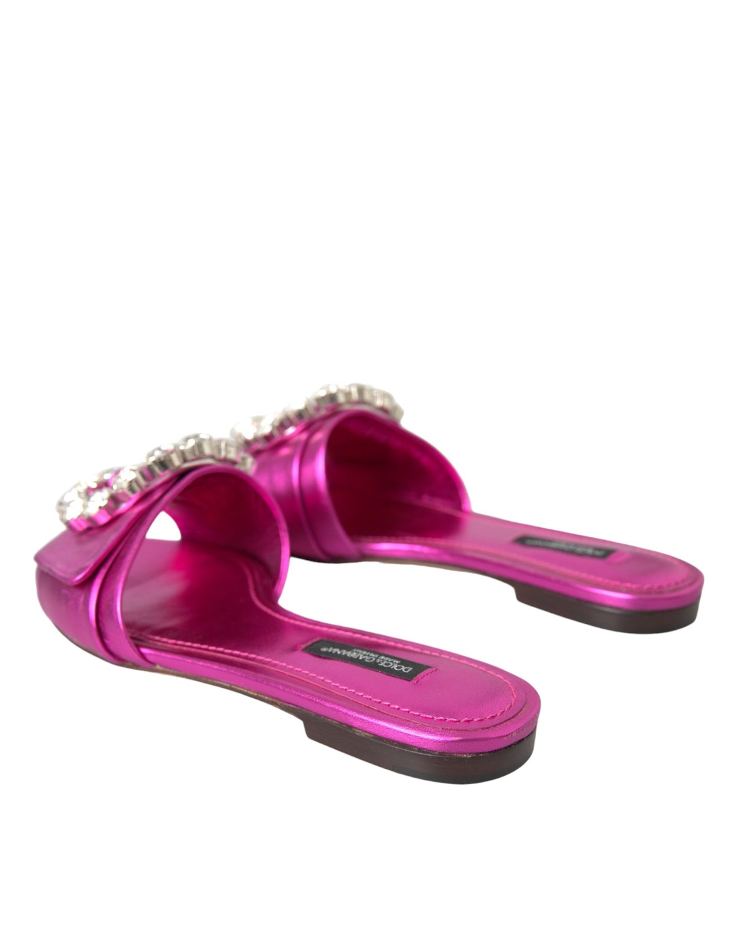 Dolce &amp; Gabbana Fuchsia Crystal Leather Flats Sandals Shoes