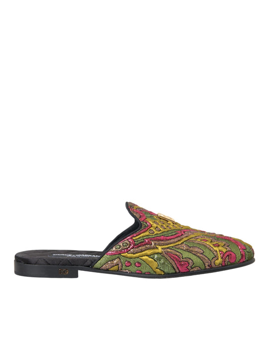 Dolce &amp; Gabbana Multicolor Brocade DG Logo Mule Flat Sandals Shoes