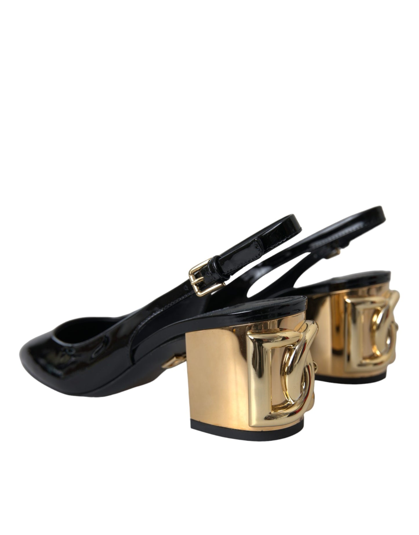 Dolce &amp; Gabbana Black Gold Leather Embellished Slingbacks Shoes