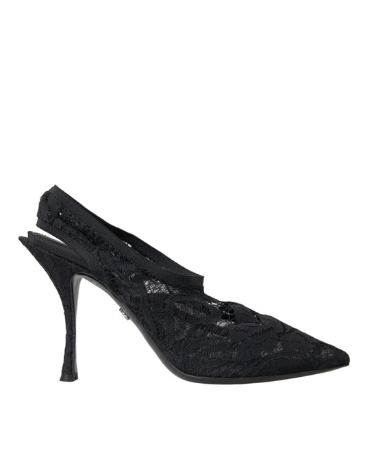 Dolce &amp; Gabbana Black Lace Stretch Heels Slingbacks Shoes