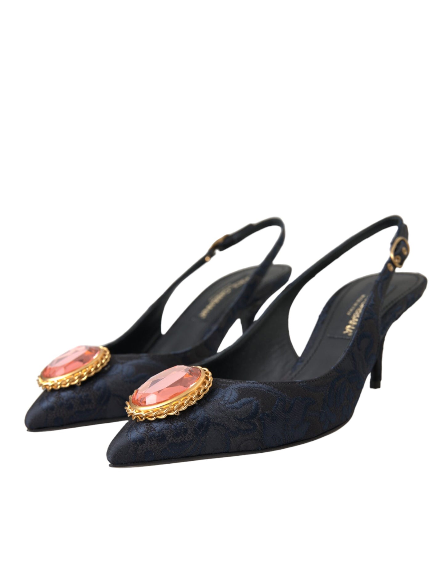 Dolce &amp; Gabbana Blue Jacquard Crystal Slingback Heel Shoes