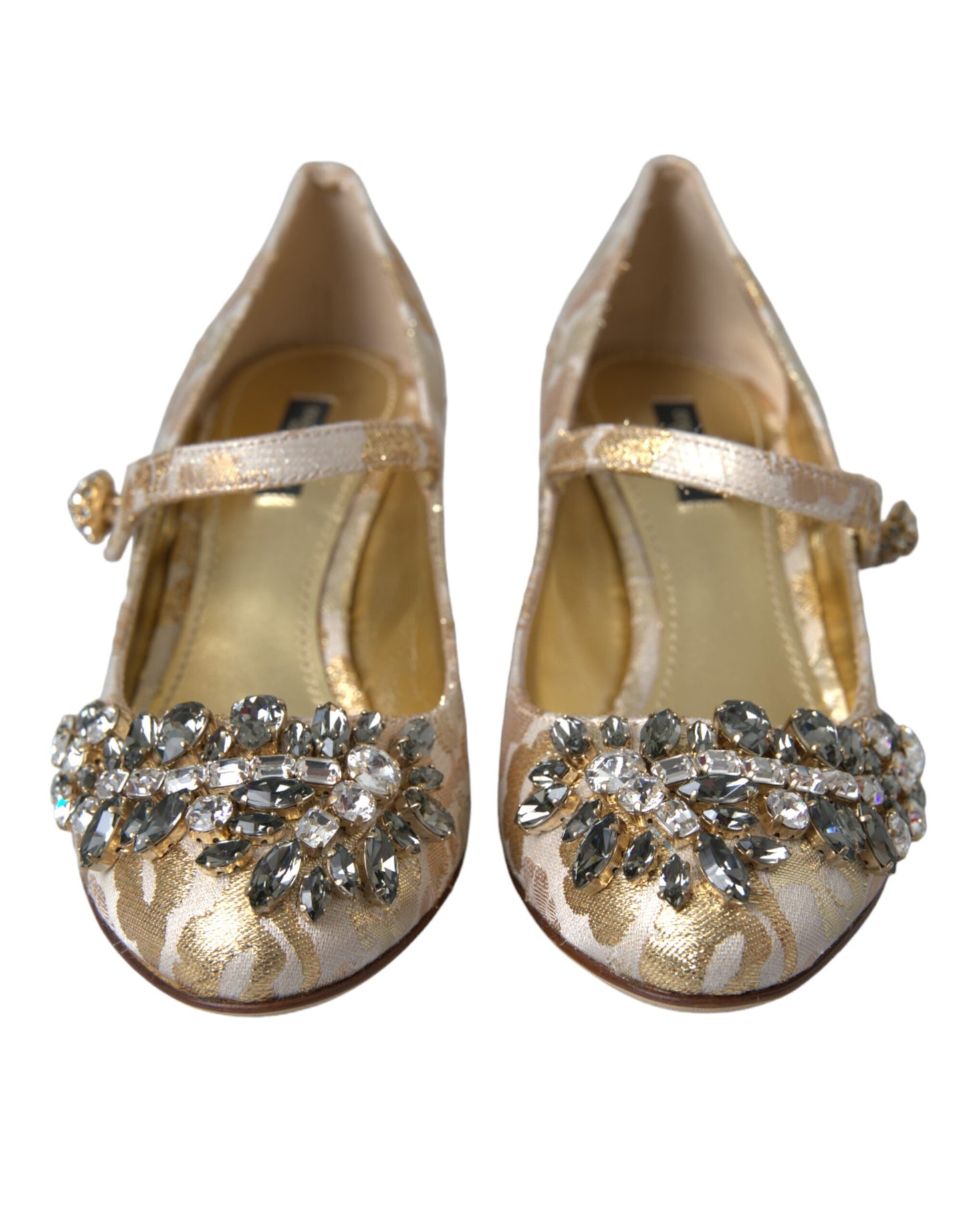 Dolce &amp; Gabbana Gold Jacquard Crystal Mary Janes Pumps Shoes