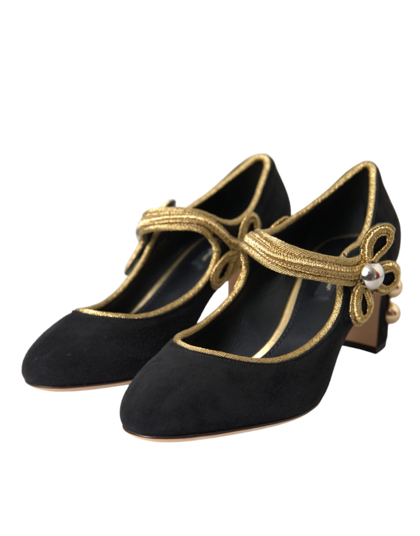 Dolce &amp; Gabbana Black Suede Gold Mary Janes Heels Pumps Shoes