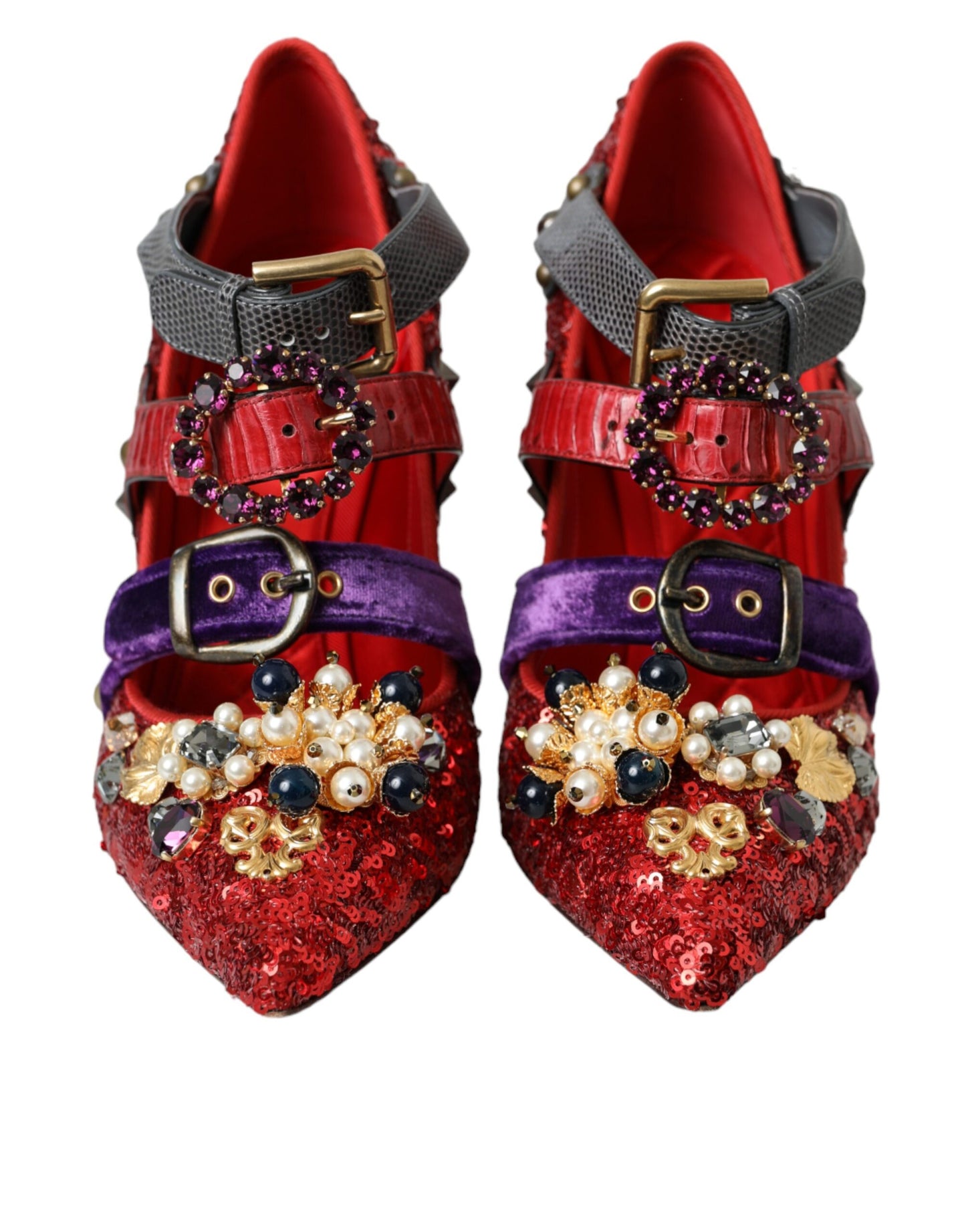 Dolce &amp; Gabbana Red Sequined Crystal Mary Janes Pumps Shoes