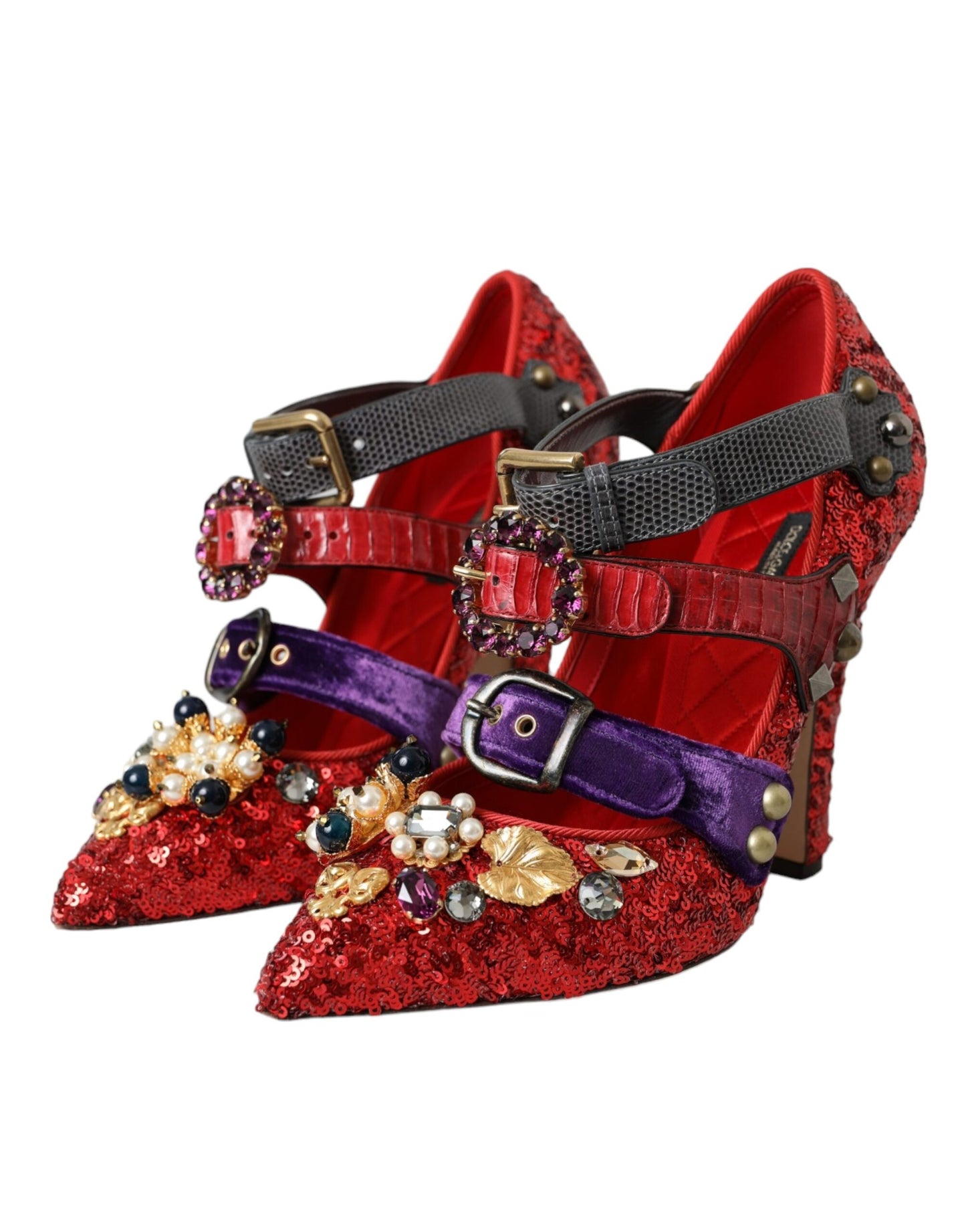 Dolce &amp; Gabbana Red Sequined Crystal Mary Janes Pumps Shoes