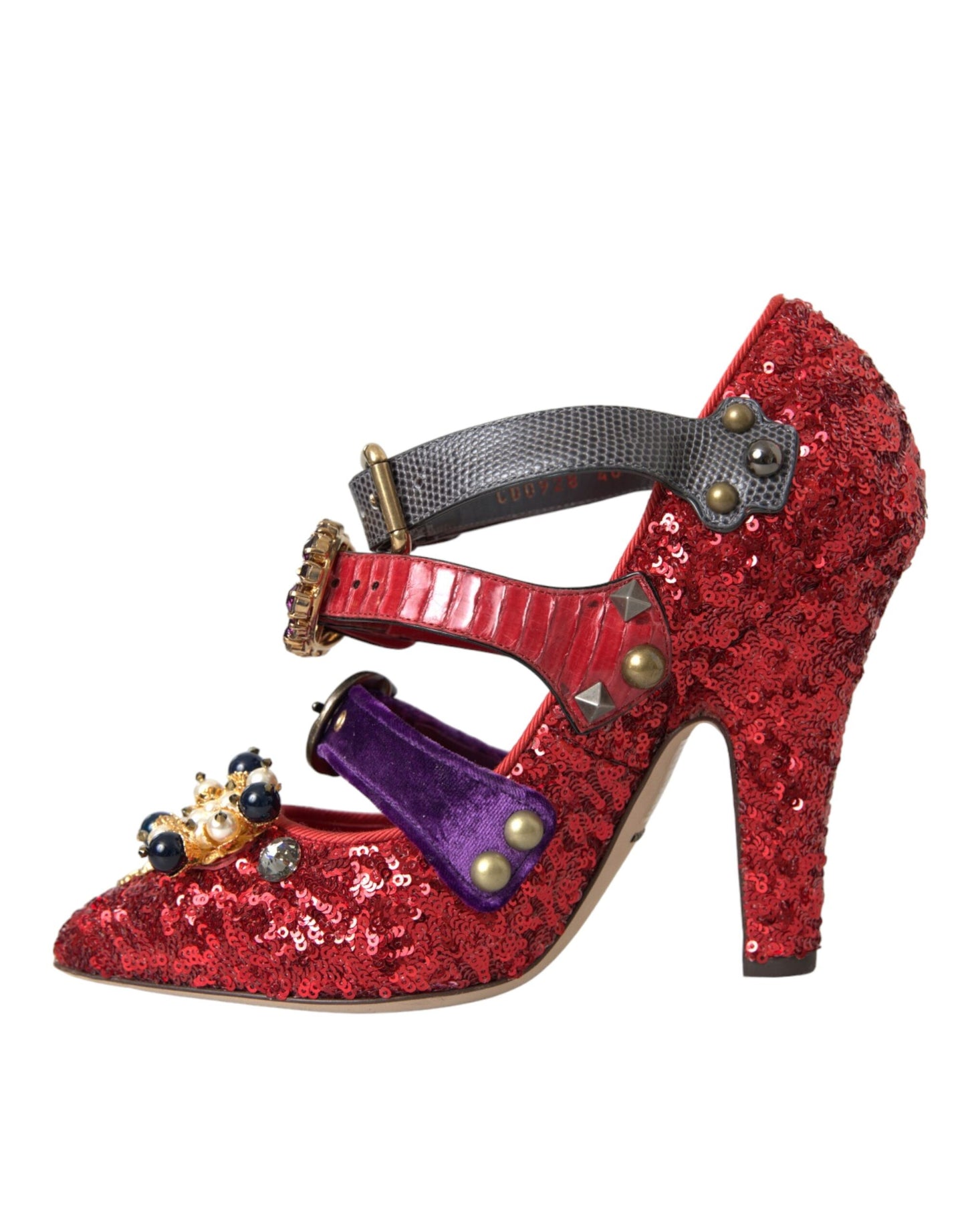 Dolce &amp; Gabbana Red Sequined Crystal Mary Janes Pumps Shoes