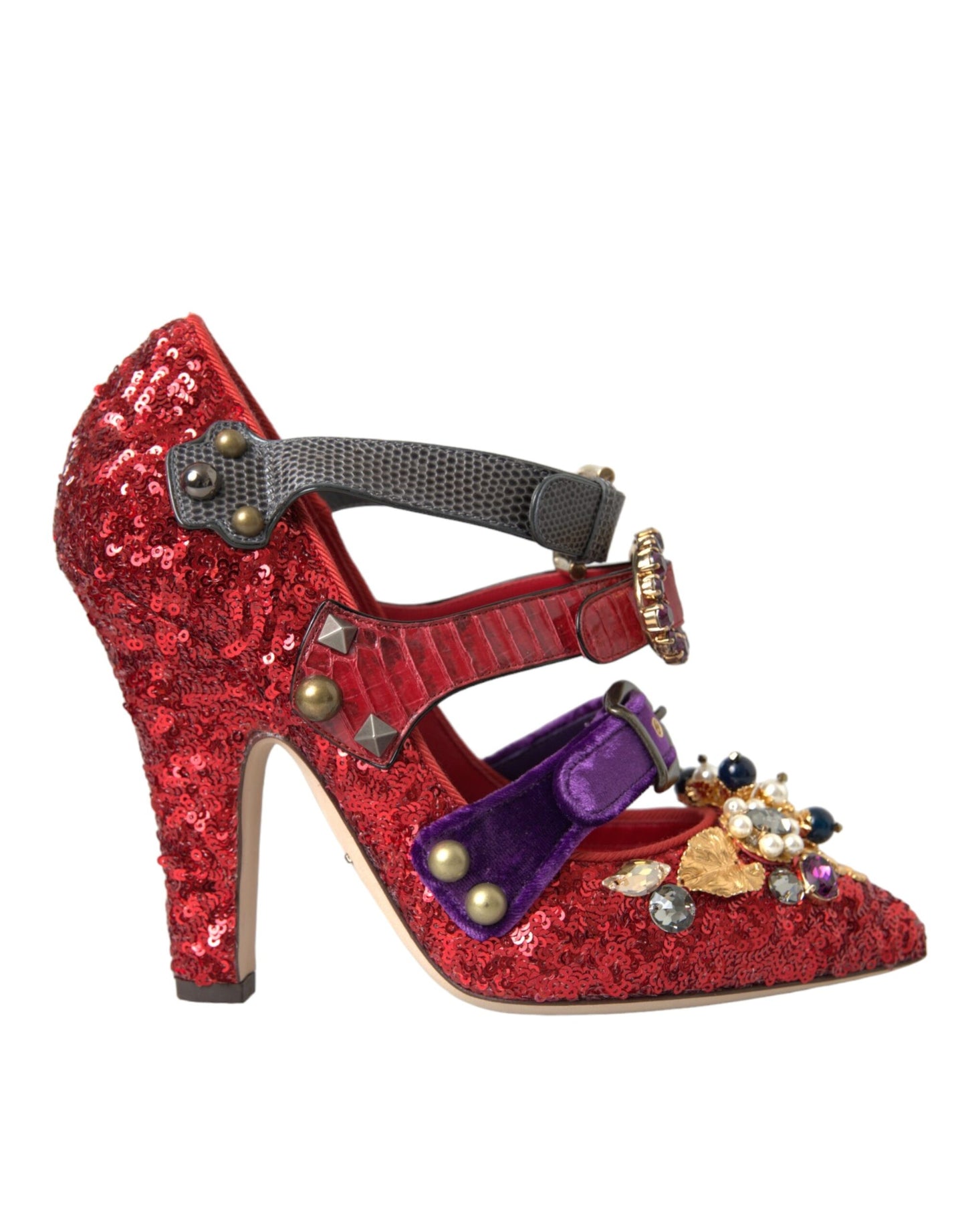 Dolce &amp; Gabbana Red Sequined Crystal Mary Janes Pumps Shoes