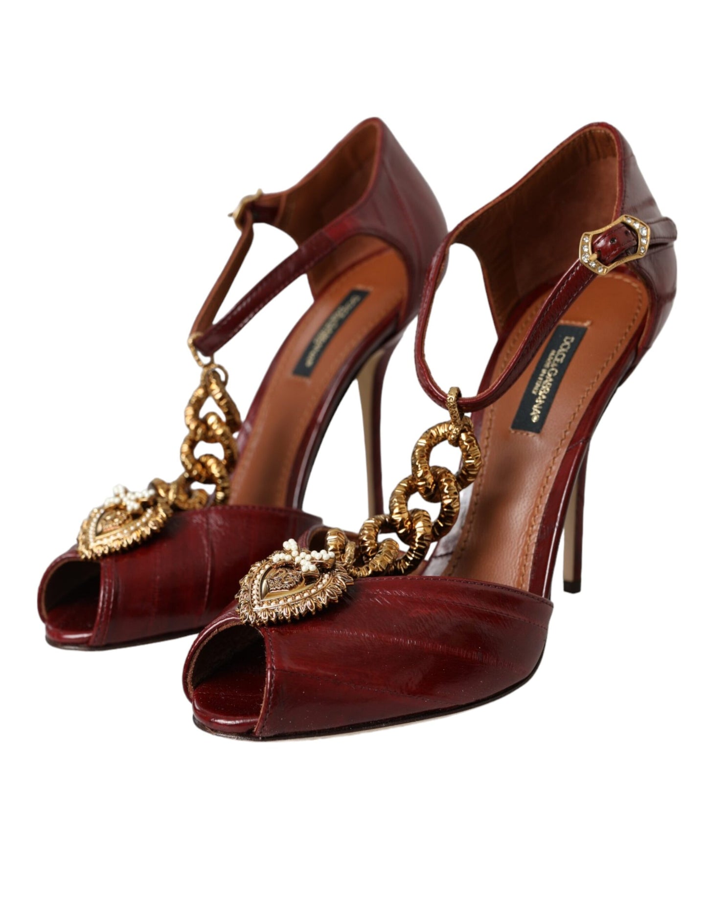 Dolce &amp; Gabbana Dark Red Leather Gold Devotion Heart Sandals Shoes