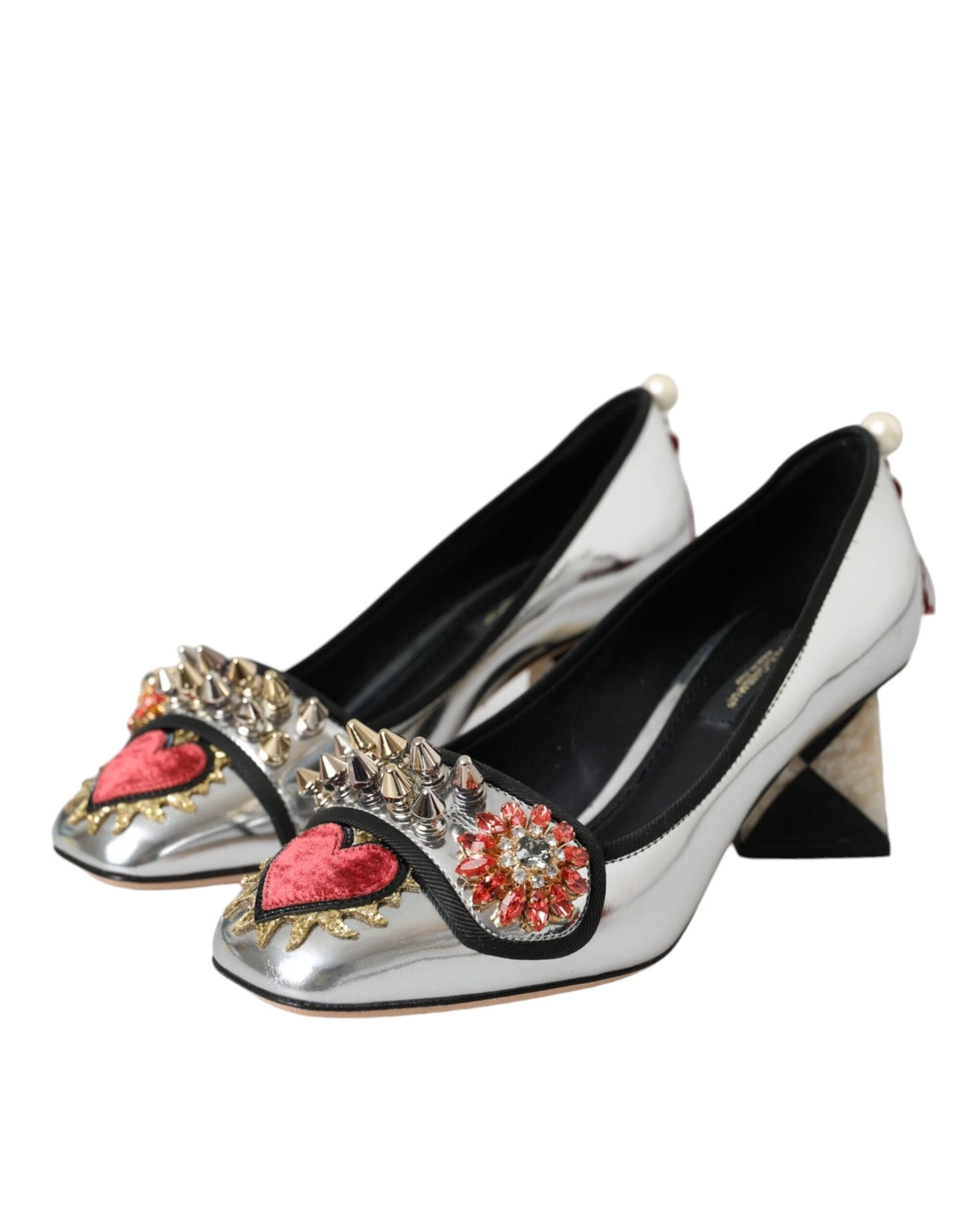 Dolce &amp; Gabbana Silver Embellished Leather Heels Pumps Shoes