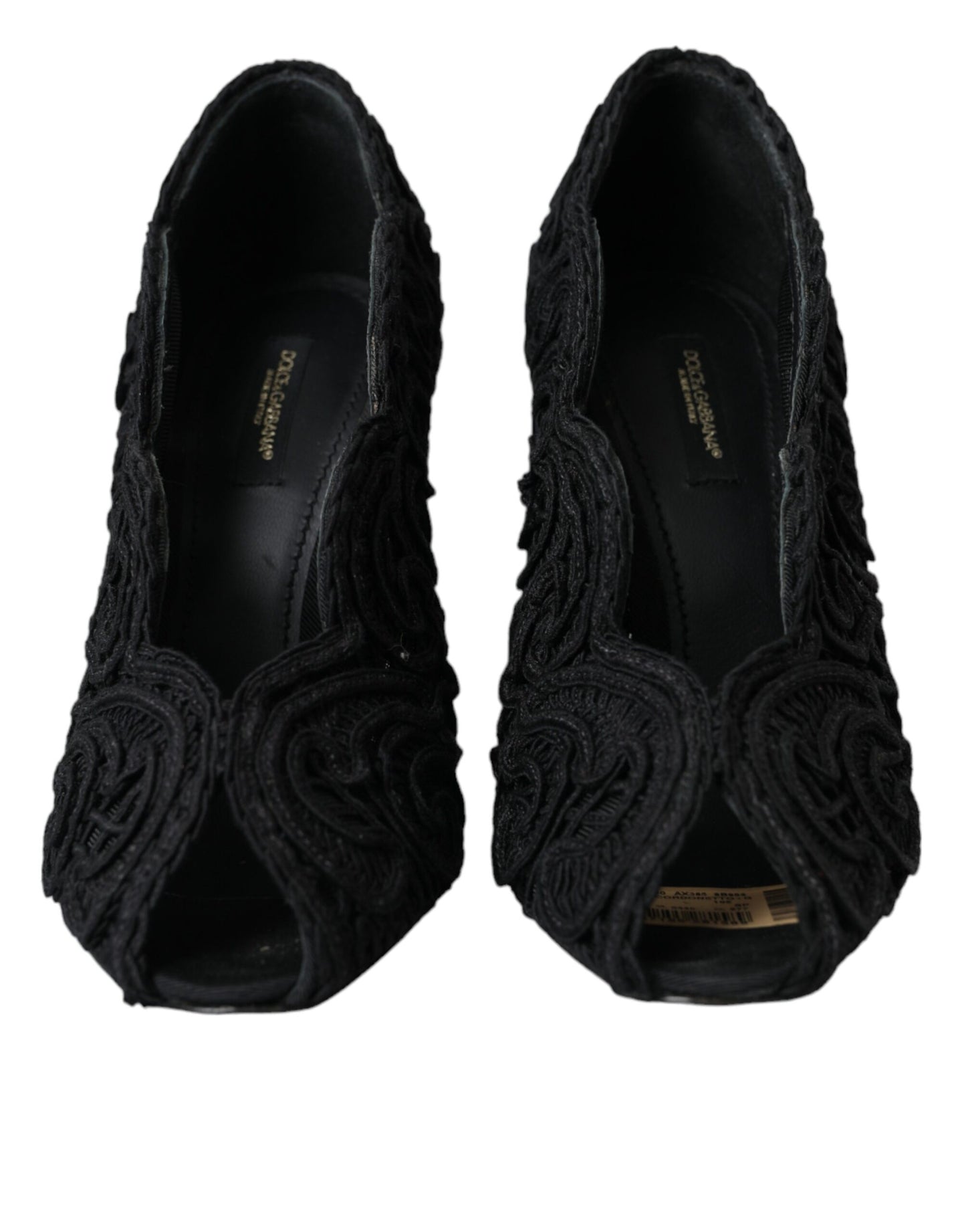 Dolce &amp; Gabbana Black Cordonetto Ricamo Pumps Open Toe Shoes