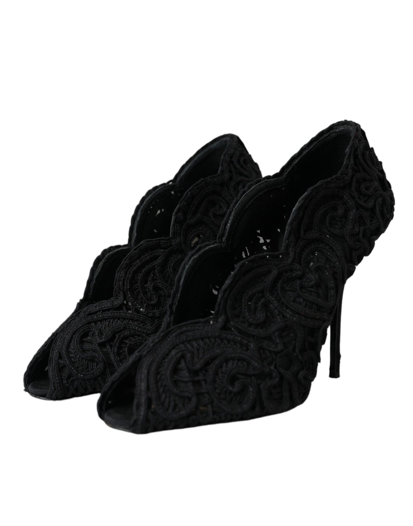 Dolce &amp; Gabbana Black Cordonetto Ricamo Pumps Open Toe Shoes