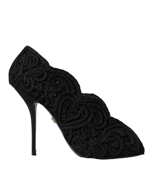 Dolce &amp; Gabbana Black Cordonetto Ricamo Pumps Open Toe Shoes