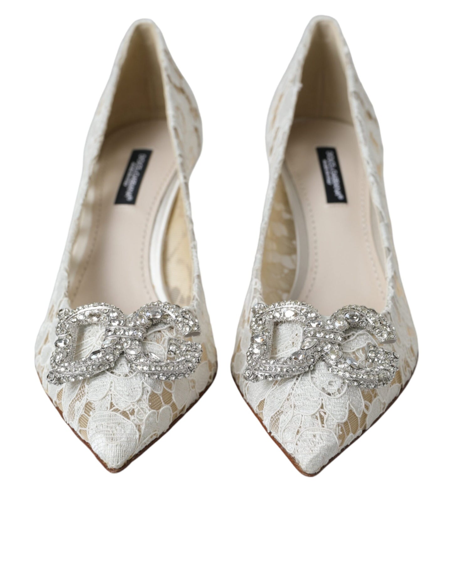 Dolce &amp; Gabbana White Floral Lace DG Crystal Pumps Shoes