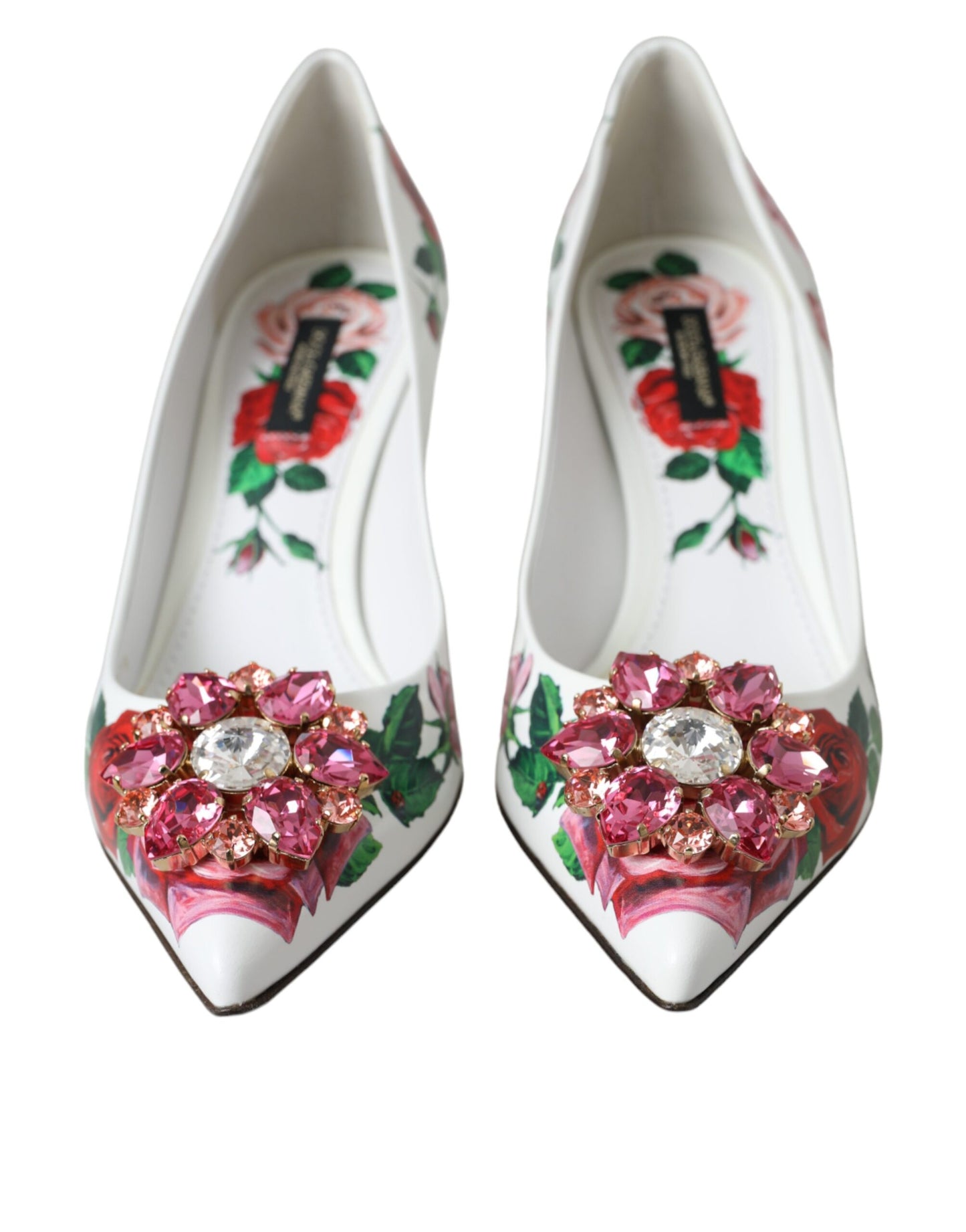 Dolce &amp; Gabbana White Leather Rose Crystal Bellucci Pumps Shoes