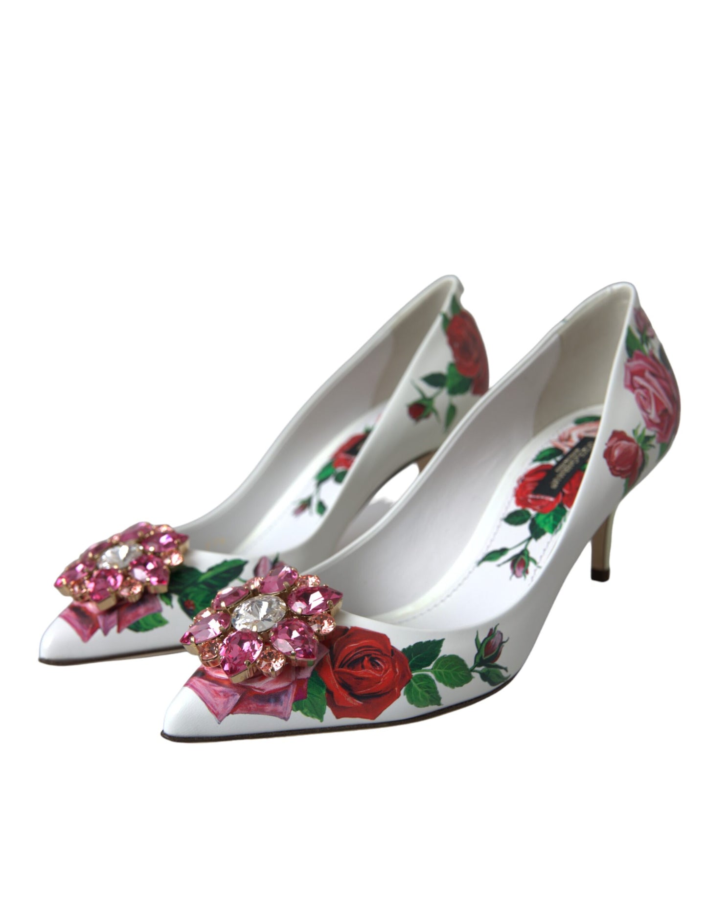 Dolce &amp; Gabbana White Leather Rose Crystal Bellucci Pumps Shoes