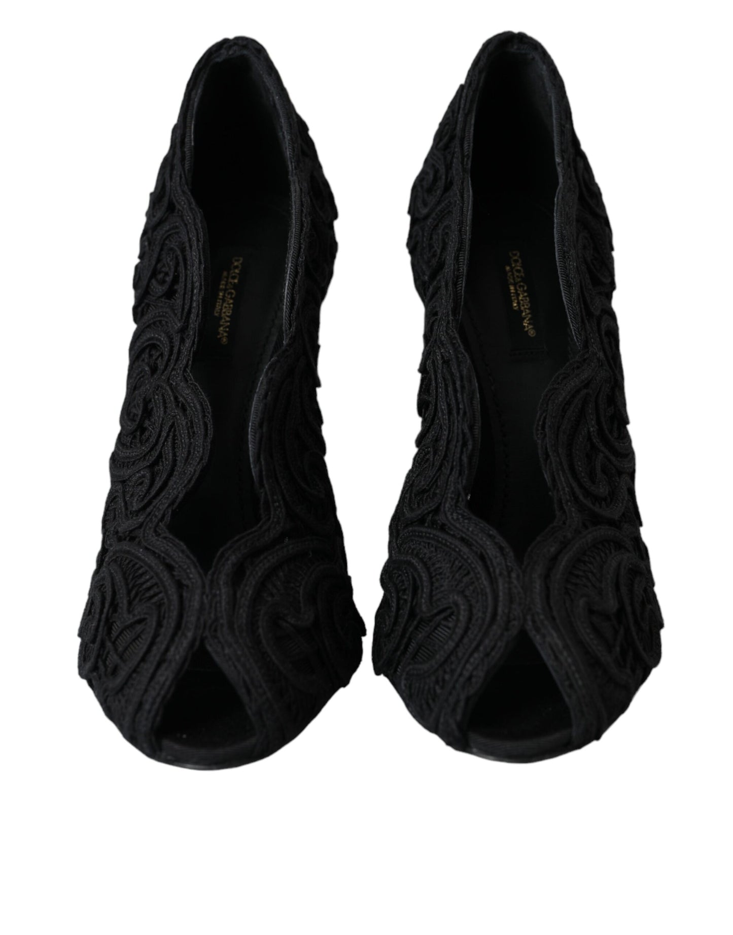 Dolce &amp; Gabbana Black Cordonetto Ricamo Pumps Open Toe Shoes